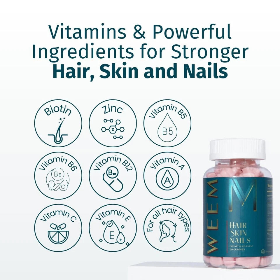 WEEM Hair Skin and Nails Gummies with Biotin – Beauty Support Supplement – 60 Count