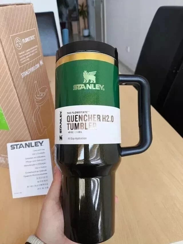 40oz Green & Black Stainless Steel Insulated Tumbler with Handle & Straw