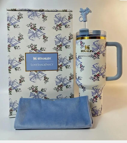 40oz Floral Bow Stainless Steel Insulated Tumbler Gift Set with Handle & Straw
