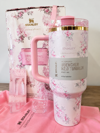 Stanley x LoveShackFancy Quencher H2.0 FlowState 40oz Stainless Steel Tumbler – Rosa Beaux Pink