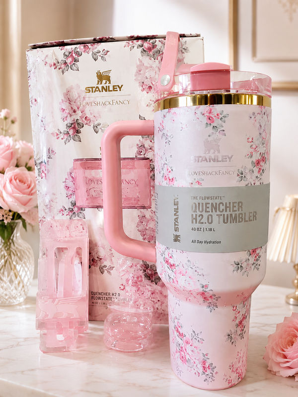 Stanley x LoveShackFancy Quencher H2.0 FlowState 40oz Stainless Steel Tumbler – Rosa Beaux Pink