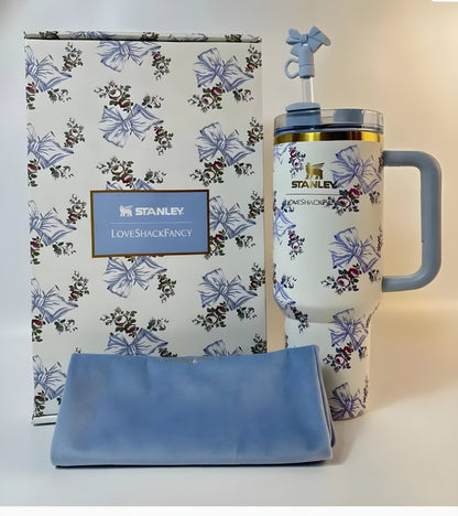 40oz Floral Bow Stainless Steel Insulated Tumbler Gift Set with Handle & Straw