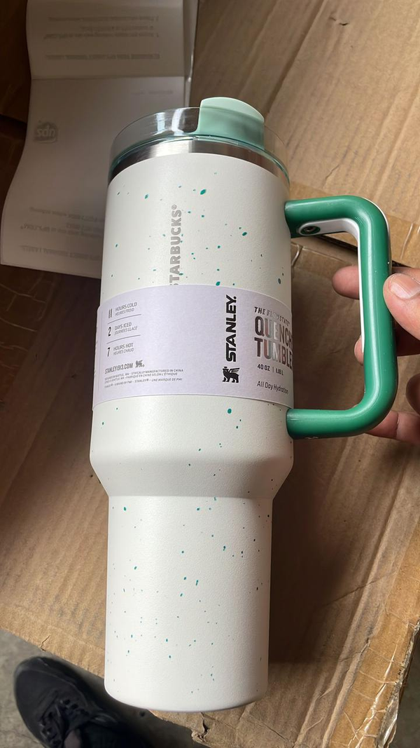 40oz White & Mint Green Stainless Steel Insulated Tumbler with Handle & Straw