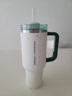 40oz White & Mint Green Stainless Steel Insulated Tumbler with Handle & Straw